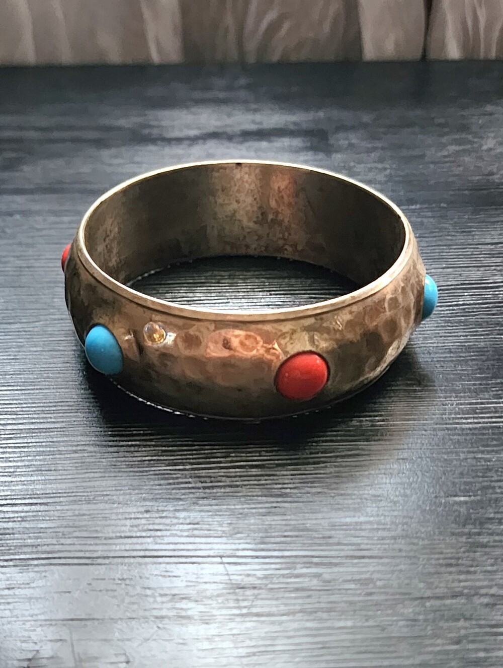 Hammered Brass Bangle with Red and Turquoise Stones